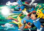  1boy artist_request baseball_cap black_gloves black_hair blue_eyes blue_hoodie claws clenched_hands closed_mouth combusken commentary energy_ball english_commentary fangs fingerless_gloves from_side gloves grovyle hat hood hood_down hoodie lucario mew_(pokemon) munchlax official_art on_shoulder open_mouth phanpy pikachu pokemon pokemon:_lucario_and_the_mystery_of_mew pokemon_(anime) pokemon_(creature) pokemon_on_shoulder pokemon_the_series:_ruby_and_sapphire red_eyes red_hat shirt short_hair short_sleeves sleeveless sleeveless_hoodie swellow teeth third-party_source 