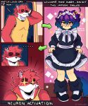 5:6 anthro artist_name bow_ribbon canid canine canis clothing colored comic dialogue domestic_cat dress duo ear_piercing emanata english_text eyebrows felid feline felis female footwear frilly frilly_clothing frilly_dress fur fuuki_art hair hi_res inner_ear_fluff inside leg_warmers legwear line_art looking_at_viewer maid_headdress maid_uniform male mammal meme multicolored_body multicolored_fur naomi_(fuuki_art) neuron_activation orange_eyes piercing purple_hair red_body red_fur sequence sequential_arrow shaded shirt shoes speech_bubble standing star_oculama tail talking_to_another tan_body tan_fur tank_top text thick_eyebrows topwear tuft two_tone_body two_tone_fur uniform white_body white_fur wolf yellow_clothing yellow_shirt yellow_tank_top yellow_topwear
