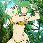  armpits breasts bunching_hair green_hair hair_tucking hikage_(senran_kagura) jpeg_artifacts large_breasts midriff official_art senran_kagura senran_kagura_new_wave solo stomach strap_gap tattoo yaegashi_nan yellow_eyes 