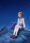 absurd_res anthro bandai_namco black_body black_fur blonde_hair blue_eyes chiropmon cloak clothing cowl digimon digimon_(species) digimon_beatbreak duo fur hair hi_res human makoto_kuonji male mammal night official_art rooftop sharp_teeth sky smile star starry_sky teeth wings