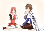  1girl belt blue_eyes blush breasts brown_hair capelet earrings eating feathers food gloves gradient gradient_background green_eyes hair_ornament hood jacket jewelry open_mouth pants red_hair rose_(tales) scarf shoes short_hair sorey_(tales) tales_of_(series) tales_of_zestiria weapon 
