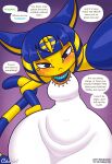 2026 accessory animal_crossing ankha_(animal_crossing) anthro biped blue_hair blush bodily_fluids bottom_heavy breasts clothed clothing cobatsart conjoined_speech_bubble dialogue domestic_cat dress egyptian english_text eyelashes featureless_hands felid feline felis female first_person_view front_view fur hair hi_res huge_hips huge_thighs hyper hyper_hips hyper_thighs kalasiris looking_at_viewer mammal markings meow name_in_dialogue navel_outline nintendo pear-shaped_figure pupils ring_(marking) ringed_tail signature simple_background solo speech_bubble striped_markings striped_tail stripes sweat sweatdrop tail tail_markings talking_to_viewer text thick_thighs uraeus usekh white_clothing wide_hips yellow_body yellow_fur