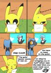 2026 5_panel_comic ambiguous_gender anthro black_eyes black_nose black_text blue_body bodily_fluids cheek_spots clothing cloud comic day dialogue ellipsis english_text eyebrows eyes_closed feathers feral generation_1_pokemon generation_4_pokemon generation_7_pokemon grass group hat headgear headwear hi_res holding_object jewelry looking_at_another male_(lore) necklace nintendo open_mouth orange_eyes paper pikachu pikipek plant pokemon pokemon_(species) pokemon_mystery_dungeon pupils question_mark red_cheeks riolu sawlamander sky speech_bubble spike_chunsoft sweat sweatdrop tail tail_feathers talking_to_another text trio wall_(structure) white_pupils window wings yellow_body