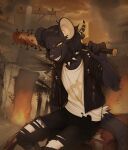 2021 5_fingers alternative_fashion anthro baseball_bat bat_(object) biped black_body black_bottomwear black_clothing black_collar black_fur black_hair black_jacket black_pants black_topwear bottomwear brg9u claws clothed clothing cloud collar detailed detailed_background digital_media_(artwork) finger_claws fingers fully_clothed fur grin hair hi_res holding_object jacket leather leather_clothing looking_at_viewer male mammal murid murine outside pants punk rat rodent shirt short_hair signature sky smile solo spiked_collar spikes teeth topwear torn_bottomwear torn_clothing torn_pants white_clothing white_shirt white_topwear yellow_eyes yellow_sclera