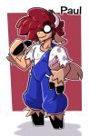 2_horns anthro bovid caprine character_name chin_tuft clothing eyewear facial_tuft fingers gesture glasses goat hair hair_over_eye hand_gesture hand_on_hip hi_res hooved_fingers hooves horn male mammal model_sheet oil_stain one_eye_obstructed opaque_glasses overalls paul_(sachasketchy) pointing pointing_at_self pointing_with_thumb puffy_hair round_glasses sachasketchy shirt shortstack shortstack_male smile solo t-shirt text topwear torn_clothing tuft