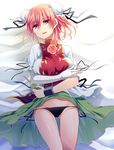  bandages bun_cover double_bun flower ibaraki_kasen kaede_(mmkeyy) panties pink_eyes pink_hair rose short_hair side-tie_panties solo touhou underwear 