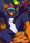anthro avian beak candle chest_tuft claws colored_fire countershade_genitalia countershade_torso countershade_vulva countershading electronics feather_hands feathers feet female fire foreshortening genitals gesture green_eyes green_fire halloween hand_gesture headphones hi_res highlights_(coloring) holidays igniz_(zekaire) innie_vulva jack-o'-lantern lit_candle looking_at_viewer nude orange_beak orange_legs owoful purple_body red_highlights scuted_legs scutes selfie_pose smile smiling_at_viewer solo spotted_arms spotted_thighs talons toe_claws toes tuft v_sign vulva