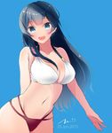  :d agano_(kantai_collection) bikini black_hair blue_background blue_eyes breasts cleavage collarbone cowboy_shot dated groin kantai_collection large_breasts long_hair looking_at_viewer navel open_mouth simple_background smile solo swimsuit tebi_(tbd11) 