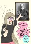  ahoge black_shirt brown_hair cho_kaguya-hime! commentary english_commentary frown frustrated highres hime_cut kaguya_(cho_kaguya-hime!) kitsuneotaku03 long_hair photo_(object) pointing red_eyes shirt sigmund_freud speech_bubble tears very_long_hair watermark white_background 