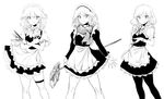  1girl apron black_legwear bow braid double_dealing_character geppewi hair_bow hair_ornament izayoi_sakuya knife long_sleeves looking_at_viewer maid_headdress monochrome multiple_persona pantyhose parody perfect_cherry_blossom pose puffy_sleeves scarf short_hair short_sleeves simple_background smile smirk standing the_embodiment_of_scarlet_devil touhou twin_braids variations waist_apron white_background 