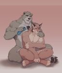 2026 absurd_res anthro artist_name barefoot bear big_muscles big_pecs blush brown_body brown_ears brown_fur brush casual_nudity cheek_tuft chest_tuft comb_(brush) crossed_legs duo facial_tuft feet felid feline fur galee_(galeearts) galeearts grey_body grey_fur hairbrush hand_on_another's_shoulder hand_on_own_arm hand_on_shoulder hi_res looking_down lynx male male/male mammal muscular muscular_anthro muscular_male nude open_mouth orange_eyes oscar_(galeearts) pawpads pecs pink_background red_eyes romantic romantic_couple salmon_background simple_background tan_body tan_fur text tuft white_body white_fur