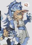 2026 :< anthro biped black_claws blue_body blue_fur bottomwear braided_hair canid canine canis cel_shading claws clothed clothed_anthro clothed_female clothing coat digital_drawing_(artwork) digital_media_(artwork) duo eyewear eyewear_on_head female female/female female_anthro finger_claws fully_clothed fully_clothed_anthro fully_clothed_female fur glasses goggles goggles_on_head grin hair half-closed_eyes hi_res hug hugging_another hugging_from_behind interspecies jellychuz kneeling lab_coat lagomorph leporid long_hair looking_at_another looking_at_partner mammal monotone_body monotone_fur monotone_hair multiple_scenes narrowed_eyes nuzzling orange_body orange_fur petting pictographics predator/prey rabbit shaded shirt side_braid simple_background single_braid skirt slim slim_anthro slim_female smile straight_hair tail tail_motion tailwag thought_bubble three-quarter_view topwear unimpressed white_background wolf