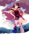  ankea_(a-ramo-do) anklet black_hair cloak cloud cloudy_sky hand_on_hip higana_(pokemon) highres jewelry looking_at_viewer open_mouth over-kneehighs pokemon pokemon_(game) pokemon_oras red_eyes short_hair short_ponytail short_shorts shorts shoulder_pads sky smile solo thighhighs wind 