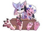 3_toes 4_ears ambiguous_gender anthro avali avian barefoot box claws colored container countershade_feet countershading digit_ring digital_media_(artwork) digitigrade duo fan_character feathers feet foot_focus fur generation_4_pokemon happy hi_res jewelry kazii_the_avali keroberry1 kerolink male multi_ear nintendo open_mouth pawpads paws pink_body pink_fur pink_soles plantigrade pokemon pokemon_(species) pokemorph purple_eyes ring shaded soles solo tickle_bondage toe_claws toe_ring toes trapped two_tone_feet two_tone_paws weavile wrinkled_feet wrinkles
