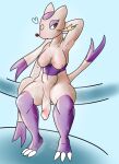 bodily_fluids breasts claire_lun claws flaccid fur generation_5_pokemon genitals gynomorph heart_symbol hi_res intersex mienshao musk nintendo penis pokemon pokemon_(species) purple_body purple_fur smile sweat tail tan_body tan_fur toe_claws whiskers