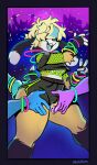 andromorph anthro athletic_wear black_body black_fur blonde_hair blue_highlights blue_pawpads bodily_fluids bottomwear canid canine canis clothed clothing crop_top domestic_dog dripping fangs fishnet_clothing fishnet_shirt fishnet_topwear floppy_ears fur genital_fluids gesture glowstick_bracelet glowstick_necklace gym_bottomwear gym_shorts hair hand_gesture hi_res highlights_(coloring) intersex mammal open_mouth open_smile pawpads paws rave shirt shorts smile solo_focus sparkibarki teeth topwear v_sign vaginal_fluid_drip vaginal_fluids vaginal_fluids_through_clothing wet wet_clothing white_body white_fur yellow_body yellow_fur