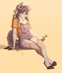 2021 absurd_res anthro band-aid bandage bandage_on_face bandage_on_nose blue_eyes brg9u canid canine canis clothed clothing digital_media_(artwork) domestic_dog feet floppy_ears flower fur hair hi_res mammal overalls plant shirt simple_background sitting smile solo toes topwear yellow_clothing