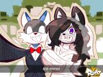 4:3 anthro black_body black_fur black_hair black_tie_(suit) blue_body blue_fur bow_tie canid canine canis clothing domestic_cat dominant dominant_male dress duo english_text evil_rida felid feline felis female forced forced_wedding fur gag glaring_at_viewer grey_body grey_fur hair hi_res male male/female mammal mummification purple_eyes questionable_consent selfie smile smiling_at_viewer submissive submissive_female suit tape tape_gag text wedding wedding_dress wedding_veil white_body white_fur wolf