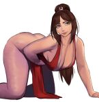  1girl all_fours ass bare_legs bottomless breasts brown_eyes brown_hair cleavage closed_mouth commentary dairenke_art english_commentary feet_out_of_frame hand_on_own_hip highres huge_breasts japanese_clothes kimono long_hair looking_at_viewer mole mole_on_breast red_kimono shiranui_mai simple_background sleeveless sleeveless_kimono smile snk solo the_king_of_fighters thick_thighs thighs white_background 