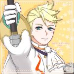  1boy axe birthday blonde_hair blue_eyes bunet_(fire_emblem) commentary_request fire_emblem fire_emblem_engage happy_birthday highres holding male_focus orange_background shii_atelier smile 