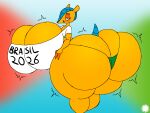 aliasing anthro armadillo artist_logo artist_name big_breasts big_butt blush blush_lines bottom_heavy breast_expansion breasts bubble_butt butt butt_expansion claws clothing crop_top crossgender curvy_figure digital_media_(artwork) emanata expansion eyelashes female fifa flash_emanata fuleco green_pupils hand_on_butt hand_on_own_butt hi_res hip_expansion hourglass_figure huge_breasts huge_butt huge_hips huge_thighs hyper hyper_breasts hyper_butt hyper_hips hyper_thighs logo looking_at_viewer looking_back looking_back_at_viewer looking_pleasured mammal pupils rear_view shirt signature small_waist solo spherical_breasts tail text thatdawgmurray thick_thighs thigh_expansion thong topwear underwear wasp_waist wide_hips xenarthran yellow_body