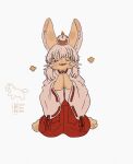 2026 absurd_res ambiguous_gender anthro asian_clothing biped bottomwear brown_body brown_fur clasped_hands clothed clothed_ambiguous clothed_anthro clothing digital_drawing_(artwork) digital_media_(artwork) east_asian_clothing emanata eyes_closed flat_colors front_view fully_clothed fully_clothed_ambiguous fully_clothed_anthro fur hair hakama hi_res holidays inner_ear_fluff japanese_clothing lagomorph lunnanathalia made_in_abyss mammal miko_outfit monotone_body monotone_fur monotone_hair nanachi narehate new_year open_mouth open_smile plantigrade pose shrine_maiden simple_background sitting smile solo tuft wariza whiskers white_background white_hair