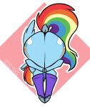 2026 anthro anthrofied bent_over big_butt blue_body blue_feathers blue_fur butt clothing cutie_mark digital_drawing_(artwork) digital_media_(artwork) dock_(anatomy) equid equine feathered_wings feathers female female_anthro flat_colors friendship_is_magic full-length_portrait fur geometric_background hair hasbro heart_butt_challenge hi_res hooves horse legwear mammal meme multicolored_hair multicolored_tail my_little_pony mythological_creature mythological_equine mythology outline pegasus pink_background pony portrait praise_da_booty_(meme) purple_clothing purple_legwear rainbow_dash_(mlp) rainbow_hair rear_view shinkaku simple_background smile solo tail thick_thighs white_background white_outline wide_hipped_anthro wide_hipped_female wide_hips wings
