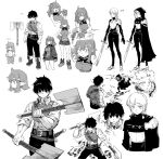  1boy 3girls ankle_boots arm_under_breasts armor arms_at_sides auyn_(harten) axe bags_under_eyes bandaid bandaid_on_arm bandaid_on_shoulder battle_axe belt belt_buckle blunt_bangs boots braid breastplate breasts buckle buttons character_request cloak close-up closed_eyes closed_mouth collared_shirt commentary_request cowboy_shot cropped_head cropped_legs cropped_shoulders cropped_torso cuts dot_nose dual_wielding duel exhausted expressionless eyelashes facing_another facing_to_the_side fantasy full_body gloves greyscale hair_between_eyes hair_ornament hair_tie hairclip hammer hand_on_own_cheek hand_on_own_face hand_up harten harten_(character) highres holding holding_axe holding_hammer holding_sword holding_weapon hood hooded_cloak injury jun_(navigavi) kiri_(harten) large_breasts leaf_hair_ornament long_hair long_sleeves looking_at_another looking_at_viewer medium_hair messy_hair midriff_peek monochrome motion_lines multiple_girls multiple_views open_mouth ornate_weapon pants paper parted_lips pauldrons pointing pointing_at_self pointy_ears reference_sheet sabaton scabbard sheath shirt short_hair short_shorts shorts shoulder_armor sidelocks simple_background single_braided_sidelock single_pauldron sketch skirt sleeves_rolled_up smile standing stuffed_toy sweat sword teeth tight_clothes tight_shirt toned toned_male translation_request unsheathed upper_teeth_only vambraces weapon white_background 