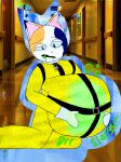 ambiguous_gender anthro belly big_belly calico_cat domestic_cat felid feline felis hazmat_suit hi_res idonutno3 inflation mammal mixed_media onomatopoeia photo_background photography_(artwork) rumbling_stomach sam_(animal_hospital) slime_in_mouth slime_inflation slime_vore sloshing_belly solo sound_effects text vore