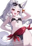  1girl :d absurdres animal_ears arm_up bikini black_bikini breasts commentary commission eyewear_on_head fang fox_ears fox_girl fox_tail hand_on_own_hip high_ponytail highres kkato long_hair looking_at_viewer navel open_mouth ponytail red_eyes scrunchie sewayaki_kitsune_no_senko-san shiro_(sewayaki_kitsune_no_senko-san) simple_background skin_fang slit_pupils small_breasts smile solo stomach sunglasses swimsuit tail thick_eyebrows very_long_hair watermark white_background white_hair wrist_scrunchie 