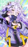  1girl ahoge black_bra bra breasts commentary_request cube dress grin hair_between_eyes henya_the_genius henya_the_genius_(1st_costume) highres jacket long_bangs long_hair one_eye_closed purple_dress purple_hair purple_jacket rubik's_cube small_breasts smile solo underwear ushiki_yoshitaka virtual_youtuber vshojo yellow_eyes 