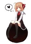  ahoge black_legwear blonde_hair blush capelet collared_shirt darkness heart highres kneehighs loafers looking_at_viewer miniskirt red_eyes rumia sh_(562835932) shirt shoes short_hair sitting sitting_on_object skirt smile socks solo thought_bubble touhou vest 