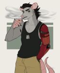 2022 absurd_res american_opossum anthro armpit_hair black_clothing black_hair black_shirt black_topwear body_hair bottomwear brg9u cigarette clothed clothing fur green_eyes grey_body grey_fur hair hi_res looking_at_viewer male male_anthro mammal marsupial pants pink_nose pink_tail prosthetic prosthetic_limb shirt simple_background smoke smoking smoking_cigarette solo tail tank_top topwear virginia_opossum