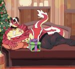 2025 4_horns abs absurd_res abyss_creature_(artist) accessory anthro bad_dragon bedroom_eyes belly belly_markings biceps big_tail biped black_claws black_clothing black_horn black_legwear black_sclera black_stockings bottomwear bow_(feature) bow_ribbon box chest_tuft christmas christmas_clothing christmas_tree claws clothed clothing colored container countershade_arms countershade_face countershade_hands countershade_neck countershade_tail countershade_torso countershading crossdressing detailed_background digital_media_(artwork) dragon eyebrows finger_claws front_view full-length_portrait fur furgonomics furniture gift_box green_bow green_eyes green_ribbon hair hi_res holidays horn horn_accessory horn_bow horn_ribbon humanoid_hands inside kemono legwear long_tail looking_at_viewer lying male male_anthro markings multi_horn muscular muscular_male mythological_creature mythological_scalie mythology narrowed_eyes on_side on_sofa pinup plant portrait pose red_body red_bottomwear red_clothing red_skirt red_stripes red_tail ribbons scalie scar seductive shaded skirt sofa solo stockings stripes tail tail_mane tail_tuft tan_body tan_countershading tan_tail thick_thighs topwear tree tube_top tuft white_body white_eyebrows white_fur white_hair