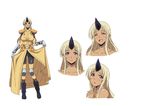  ^_^ belt_pouch blonde_hair blush boots breasts character_sheet closed_eyes collarbone concept_art dark_skin elbow_pads expressions fang full_body gauntlets highres horn knee_pads large_breasts long_hair monster_musume_no_iru_nichijou multiple_views official_art oni pointy_ears pouch red_eyes shoulder_pads simple_background smile tionishia uniform white_background 