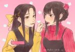  2girls absurdres black_hair blush box box_of_chocolates chocolate commentary contemporary dated feeding flower freckles futsutsuka_na_akujo_de_wa_gozaimasu_ga hair_flower hair_ornament hair_ribbon heart highres kou_reirin long_hair long_sleeves looking_at_another multiple_girls open_mouth pink_background red_eyes red_flower ribbon shu_keigetsu smile unkonwfox-mob yellow_eyes yellow_ribbon yuri 