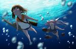  blue_hair brown_eyes brown_hair i-19_(kantai_collection) i-401_(kantai_collection) kantai_collection long_hair multiple_girls ocean ponytail purple_eyes school_swimsuit smile swimsuit torpedo twintails underwater yue_(tada_no_saboten) 