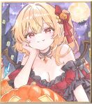  1girl absurdres ai-assisted alternate_costume bat_(animal) black_choker black_dress blonde_hair bow breasts chikichiita choker cleavage closed_mouth commentary_request crystal crystal_wings dress fang fang_out flandre_scarlet full_moon hair_between_eyes hair_bow hair_ornament halloween halloween_costume head_rest highres jack-o'-lantern jack-o'-lantern_hair_ornament large_breasts looking_at_viewer moon multicolored_wings night one_side_up pointy_ears red_bow red_dress red_eyes shikishi smile solo touhou traditional_media two-tone_dress wings 