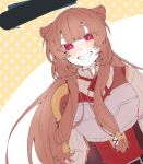  1girl :d animal_ear_fluff animal_ears armor black_dress blunt_bangs blush breastplate breasts brown_armor brown_hair commentary_request double-parted_bangs dress grey_armor hair_between_eyes hair_tubes layered_dress leather_armor long_hair long_sleeves looking_at_viewer medium_breasts metal_hair_tubes neck_ribbon pauldrons pink_eyes pinstripe_dress pinstripe_pattern raccoon_ears raccoon_girl raphtalia red_dress red_ribbon ribbon shoulder_armor single_pauldron sleeveless sleeveless_dress smile solo straight-on sunofure0216 tanuki tate_no_yuusha_no_nariagari two-tone_dress white_background white_dress yellow_background yellow_trim 