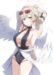  1girl absurdres arm_up armpits black_one-piece_swimsuit blonde_hair blue_archive breasts brown_eyes center_opening cleavage closed_mouth commentary cowboy_shot earrings eyewear_on_head feathered_wings hair_intakes halo highres holding_thermos hoop_earrings jewelry large_breasts looking_at_viewer nagisa_(blue_archive) nagisa_(swimsuit)_(blue_archive) one-piece_swimsuit red_halo simple_background smile solo sunglasses swimsuit thermos thighs waterappliance white_background white_wings wings yellow-framed_eyewear 