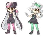  :d aori_(splatoon) black_hair cousins detached_collar domino_mask dress earrings fangs food food_on_head green_legwear hair_rings hotaru_(splatoon) jewelry long_hair mask multiple_girls naka_akira object_on_head open_mouth pantyhose pointy_ears pokemon short_hair short_jumpsuit shorts_under_dress silver_hair smile splatoon_(series) splatoon_1 strapless strapless_dress sushi tentacle_hair yellow_eyes 