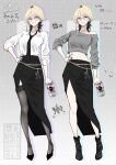  1girl absurdres beer_can black_hair black_nails black_skirt black_thighhighs blonde_hair blue_eyes boots breasts can collarbone collared_shirt commentary_request cropped_sweater cross cross_earrings dated drink_can earrings eyewear_strap front_slit full_body glasses grey_background grey_sweater grid_background grin hand_on_own_hip high_heel_boots high_heels highres holding holding_can jewelry lakugali_shiki large_breasts long_skirt long_sleeves looking_at_viewer loose_necktie medium_hair midriff mole mole_on_collarbone multicolored_hair multiple_rings navel necktie off-shoulder_sweater off_shoulder open_collar original parted_lips ring roots_(hair) round_eyewear shirt shirt_tucked_in single_off_shoulder skirt sleeves_rolled_up smile sweater teeth thighhighs translation_request two-tone_hair variations white_shirt wolf_cut 