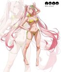  1girl absurdres amam_(64943468) azur_lane barefoot bennington_(azur_lane) bennington_(sunshine_chaser)_(azur_lane) bikini breasts chinese_commentary cleavage commentary_request eyewear_on_head full_body green-tinted_eyewear green_bikini green_eyes heart heart-shaped_eyewear highres large_breasts long_hair looking_at_viewer navel navel_piercing official_alternate_costume piercing pink_hair side-tie_bikini_bottom solo sunglasses swimsuit thigh_strap tinted_eyewear twintails very_long_hair zoom_layer 