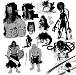  1girl 4boys abs ankle_boots armor barefoot belt boots breastplate character_request claire_(harten) cloak collared_shirt commentary_request corpse cropped_head cropped_legs cropped_shirt cropped_torso crossbow dagger dot_nose evil_grin evil_smile facing_another fantasy from_behind full_body greyscale grin hair_intakes harten harten_(character) head_only highres holding holding_crossbow holding_shield holding_sword holding_torch holding_weapon hood hooded_cloak jun_(navigavi) knife long_hair long_sleeves looking_at_viewer mask monochrome monster monster_girl motion_lines mouth_mask multiple_boys muscular muscular_male nipples no_pupils nose one_eye_covered open_mouth orc pants parted_lips pointy_ears profile ribs round_shield shield shirt silhouette simple_background sketch skirt sleeves_rolled_up smile standing sword teeth toes topless_male torch torn_clothes torn_skirt tusks twintails veins veiny_arms weapon white_background 