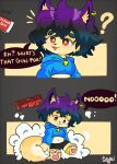 :3 absurd_res anthro artist_name bell bell_collar black_bottomwear black_clothing black_shorts blue_clothing blue_hoodie blue_topwear bottomwear bust_portrait clothing collar colored comic cropped_hoodie dialogue digital_drawing_(artwork) digital_media_(artwork) domestic_cat ear_piercing emanata english_text eyebrows felid feline felis female fur fuuki_art grey_background hair heart_(marking) hi_res hoodie inner_ear_fluff leg_warmers legwear line_art mammal markings midriff naomi_(fuuki_art) navel offscreen_character onomatopoeia open_:3 orange_eyes pawpads piercing plushie plushie_transformation portrait purple_hair question_mark red_collar sequence shaded shorts simple_background small_snout sound_effects speech_bubble tail talking_to_another tan_body tan_fur text topwear tuft