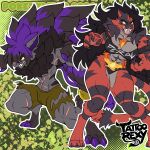 1:1 2026 3_toes abstract_background anthro artist_logo artist_name bandeau black_body black_bra black_clothing black_fur black_mane black_panties black_underwear bottomwear bra breasts brown_bottomwear brown_clothing brown_shorts bulge chest_tuft claws clothed clothed_anthro clothed_female clothing colored digital_media_(artwork) digitigrade duo fangs feet female finger_claws fingers front_view full-length_portrait fur generation_5_pokemon generation_7_pokemon grey_body grey_fur hi_res incineroar logo long_mane looking_at_viewer male mane markings medium_breasts muscular muscular_anthro muscular_female muscular_legs muscular_male neck_tuft nintendo open_mouth outline panties pawpads pokemon pokemon_(species) portrait pupils purple_mane red_body red_fur scar sharp_teeth shorts skimpy small_pupils standing striped_markings stripes tail tattoorexy teeth text toe_claws toes topless topless_anthro topless_male topwear torn_bottomwear torn_clothing torn_shorts tuft underwear underwear_only werecreature white_outline yellow_sclera zoroark
