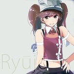  :3 alternate_costume bare_shoulders brown_eyes brown_hair character_name grey_background groin hand_on_hip hat kantai_collection looking_at_viewer navel pleated_skirt ryuujou_(kantai_collection) simple_background skirt sleeveless solo suspenders tebi_(tbd11) twintails 