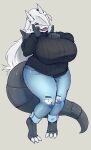aggron anthro big_breasts bottomwear breasts claws clothed clothing denim denim_bottomwear denim_clothing digital_media_(artwork) female generation_3_pokemon head_tilt hi_res horn huge_breasts huge_hips huge_thighs jeans nintendo pants pokemon pokemon_(species) shirt simple_background smile solo tail thick_thighs tongue topwear torn_bottomwear torn_clothing torn_jeans torn_pants unyin wide_hips