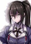  1girl black_hair breasts brown_eyes closed_mouth collared_shirt commentary_request crossed_bangs hair_between_eyes highres jacket kantai_collection long_hair looking_at_viewer nachi_(kancolle) nachi_kai_ni_(kancolle) puffy_sleeves purple_jacket shirt side_ponytail sidelocks signature simple_background solo totto_(naka) upper_body white_shirt 