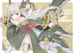  1girl 2024 breasts chinese_zodiac claw_(weapon) clenched_teeth colored_inner_hair commentary_request dragon_girl dragon_horns eastern_dragon_horns fang feet_out_of_frame fingernails floating floating_object green_hair grey_hair grin hime_cut horn_ornament horn_ring horns japanese_clothes long_hair long_sleeves looking_at_viewer makadamixa mechanical_horns mechanical_tail multicolored_hair original partially_translated pointy_ears red_eyes red_ribbon ribbon scale_print small_breasts smile solo tail teeth thighhighs translation_request two-tone_hair weapon white_thighhighs year_of_the_dragon 